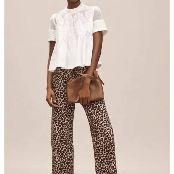 Women Lace-Detail Flared Blouse Cotton Polyshort Sleeve Crew Neck Elegant - Picture 3 of 5